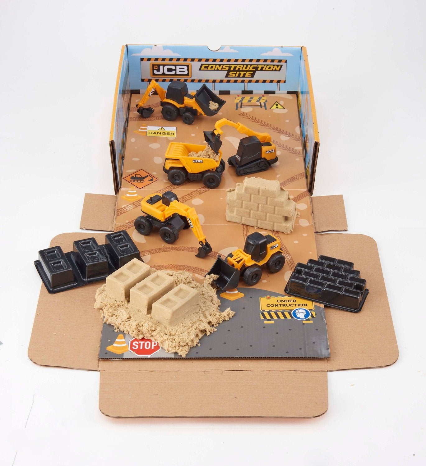 Jcb minimaskiner lekset med sand och 5 bilar