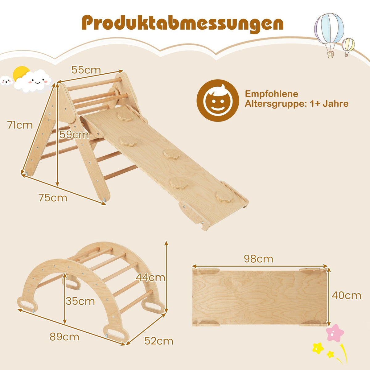 Klätterset i trä med rutschkana och vändbar ramp