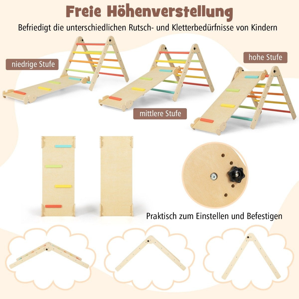 Klättertriangel med rutschkana 7 i 1 klätterställning inomhus för barn från 3 år mångfärgad + naturlig