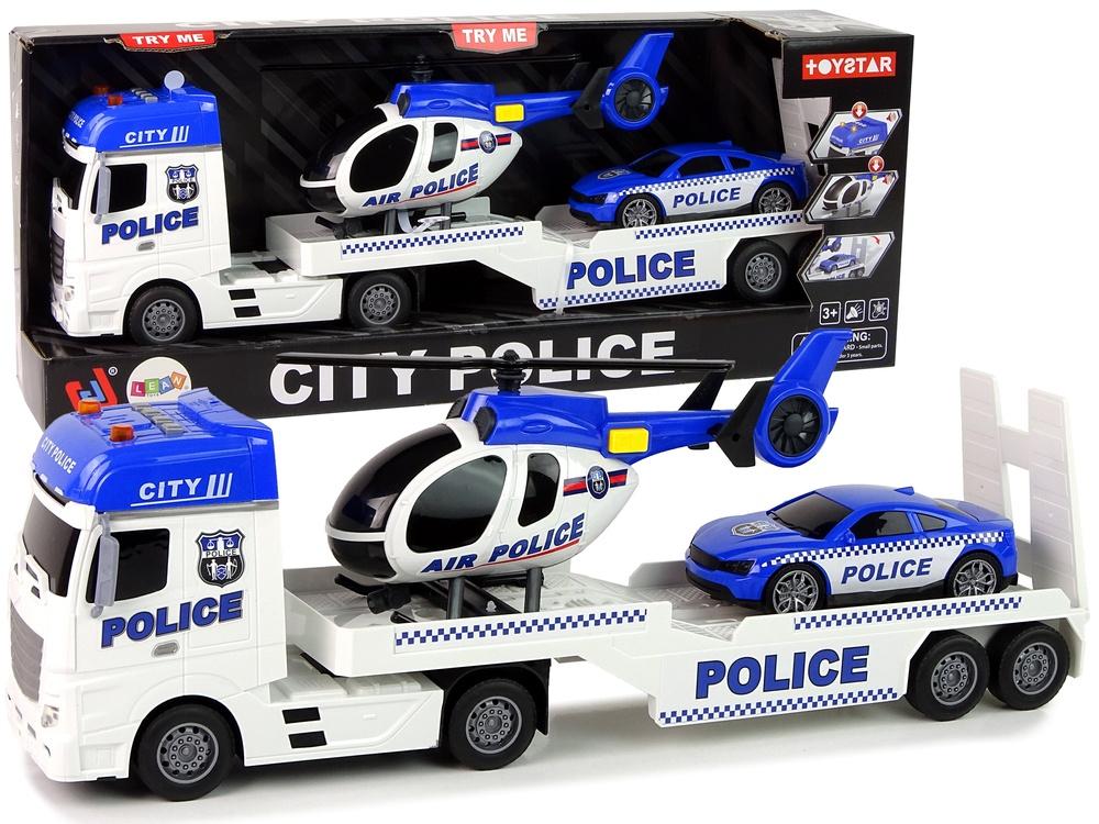 Police Car Transporter Kit med helikopter, lyder og lys