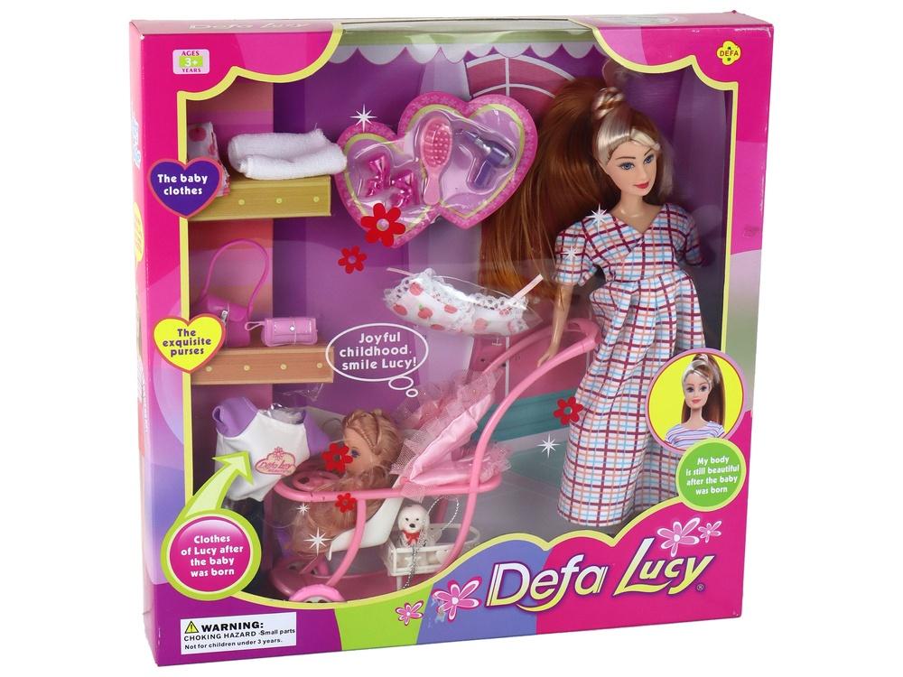 Pregnant Lucy Doll Set: Barnvagn, långt brunt hår