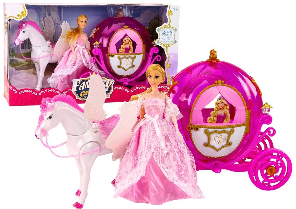 Prinsessevognsett: Pink Pegasus, Doll &amp; Royal Ride