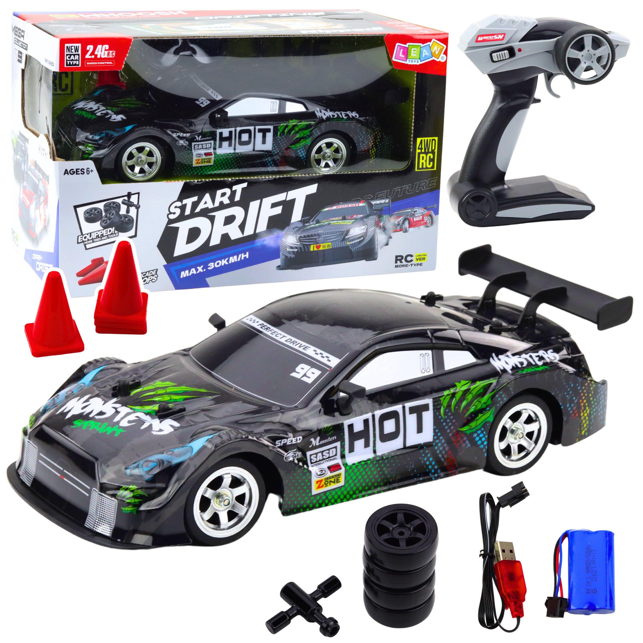 RC Drift Car 1:16, Svart-Grön, 30km/h