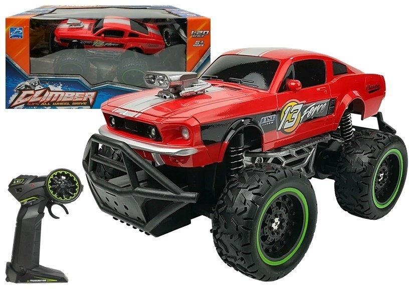 Rød Off-Road R/C bil: Høye hjul, støtdempere, skala 1:20