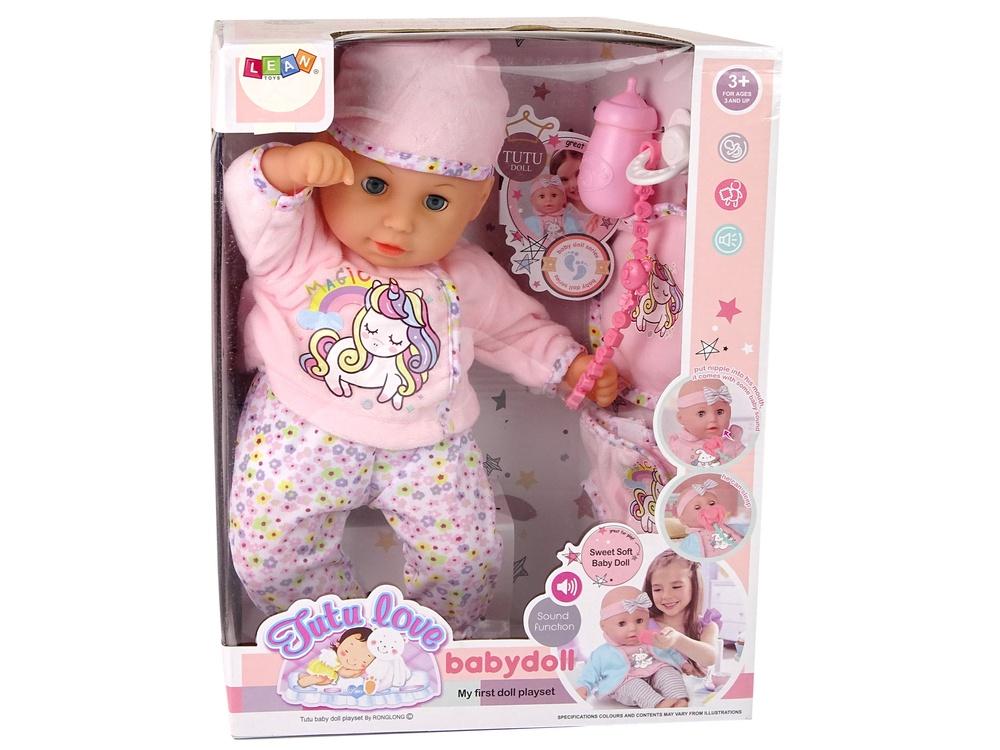 Rosa Unicorn Baby Doll Set med ljud, napp & haklapp