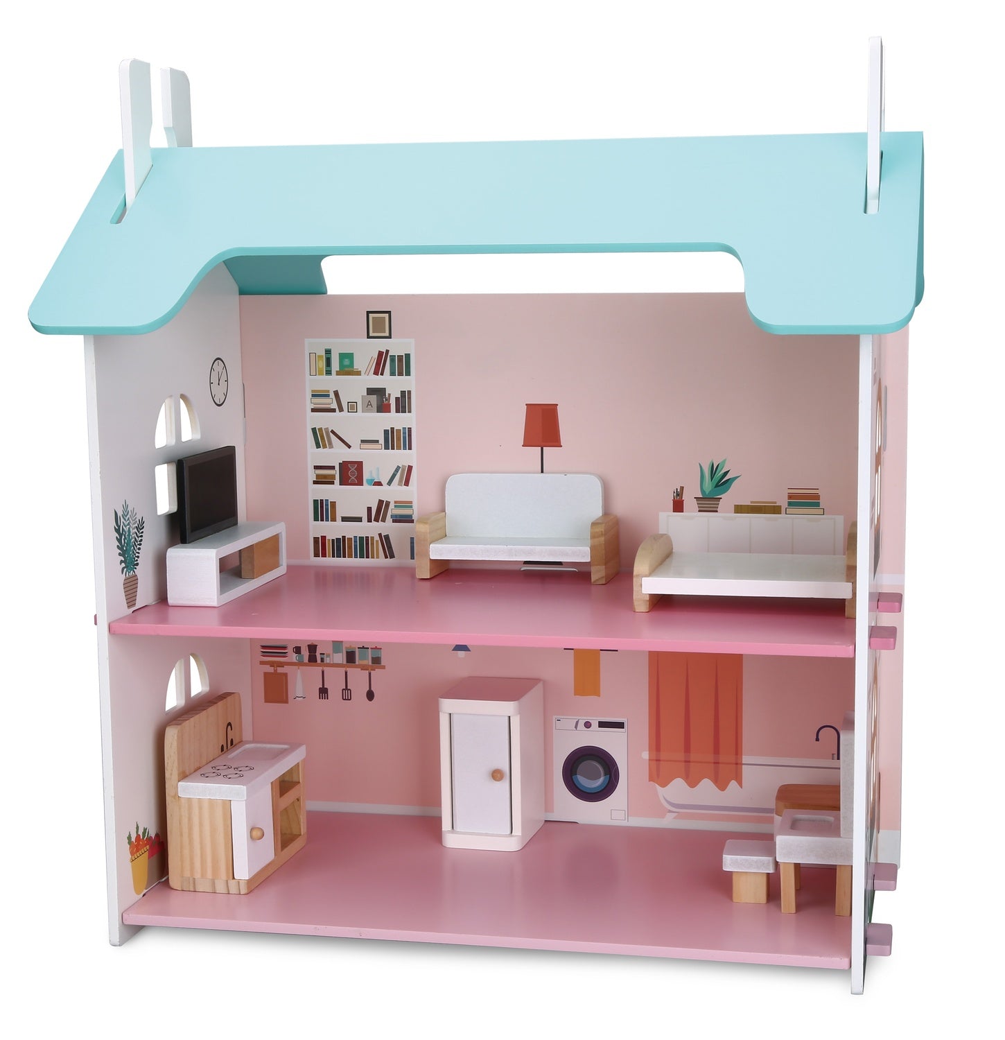 Trädockhus med möbler, tvåvåningshus, 45x42x23 cm