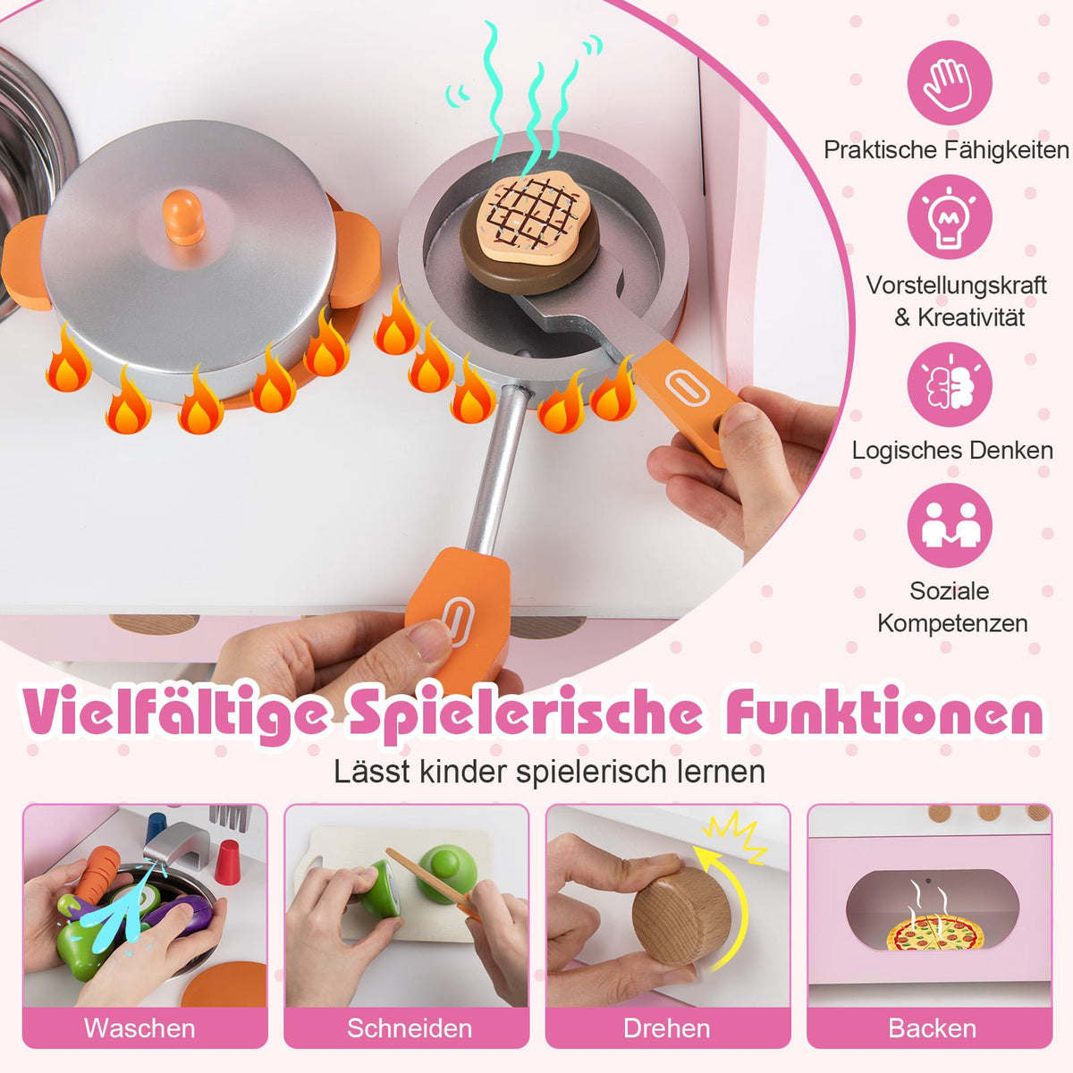 Trälekkök för barn med tillbehör – Rosa