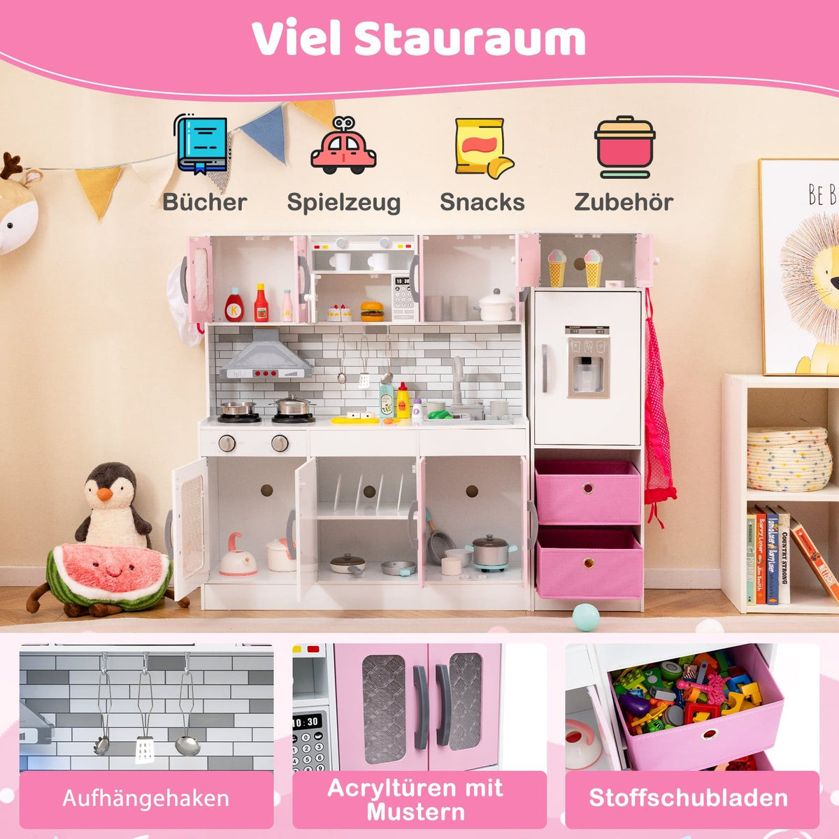 Trälekkök med ljus och ljud, rosa