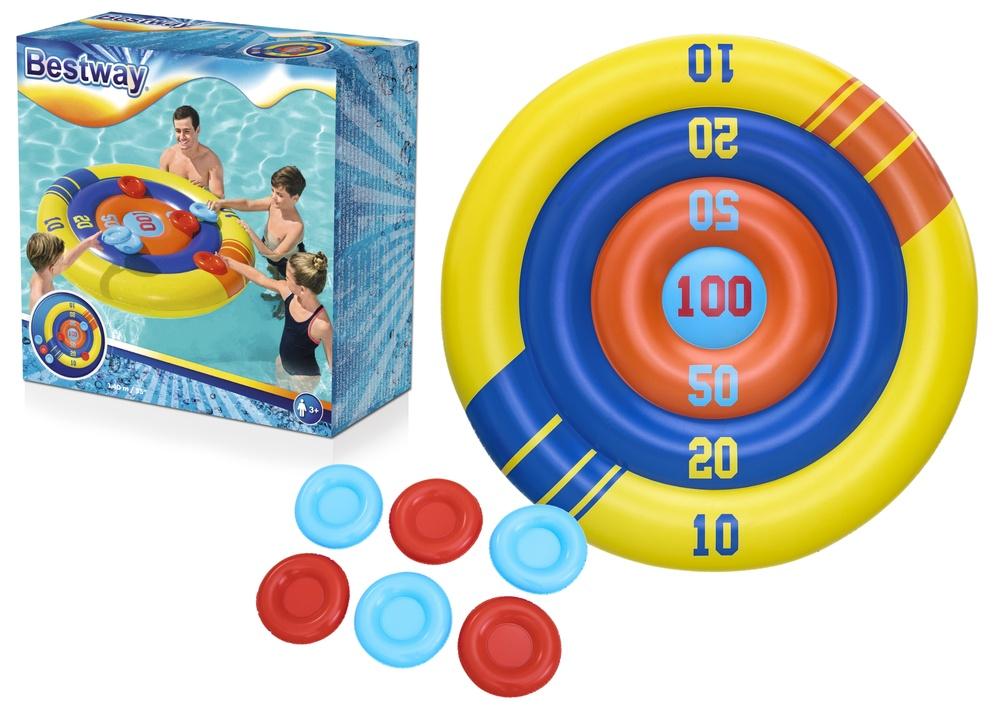 Oppusteligt poolspil med 6 frisbees &amp; slidstærkt 140 cm skjold