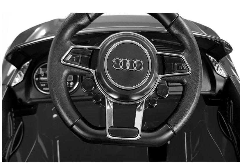 Hvit Audi R8 Spyder elektrisk kjørebil med musikkpanel 