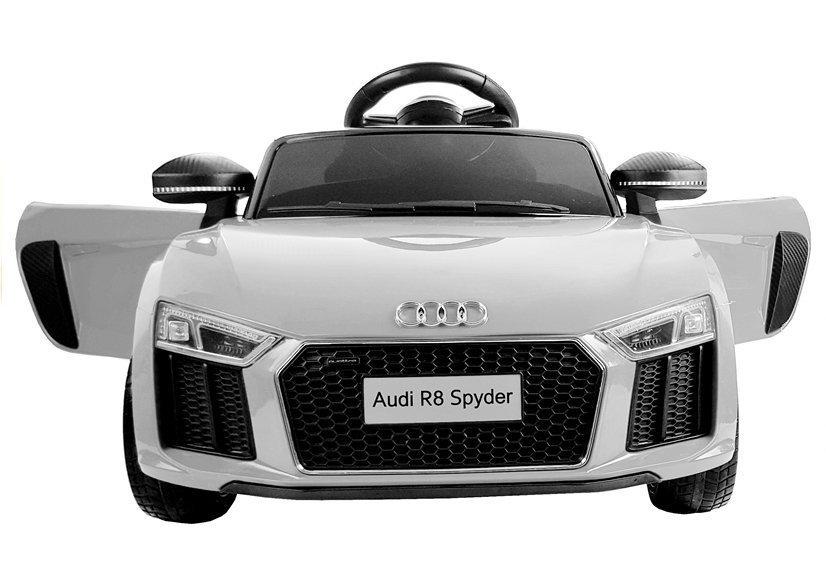 Hvit Audi R8 Spyder elektrisk kjørebil med musikkpanel 